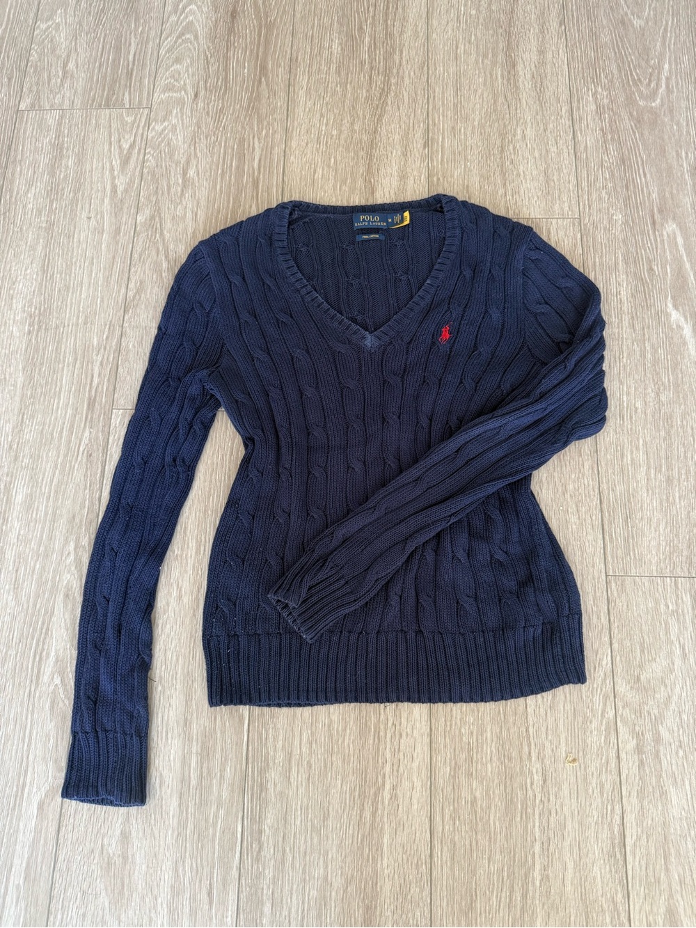 Polo by Ralph Lauren Navy Cable-Knit V-Neck Sweater with Red Pony